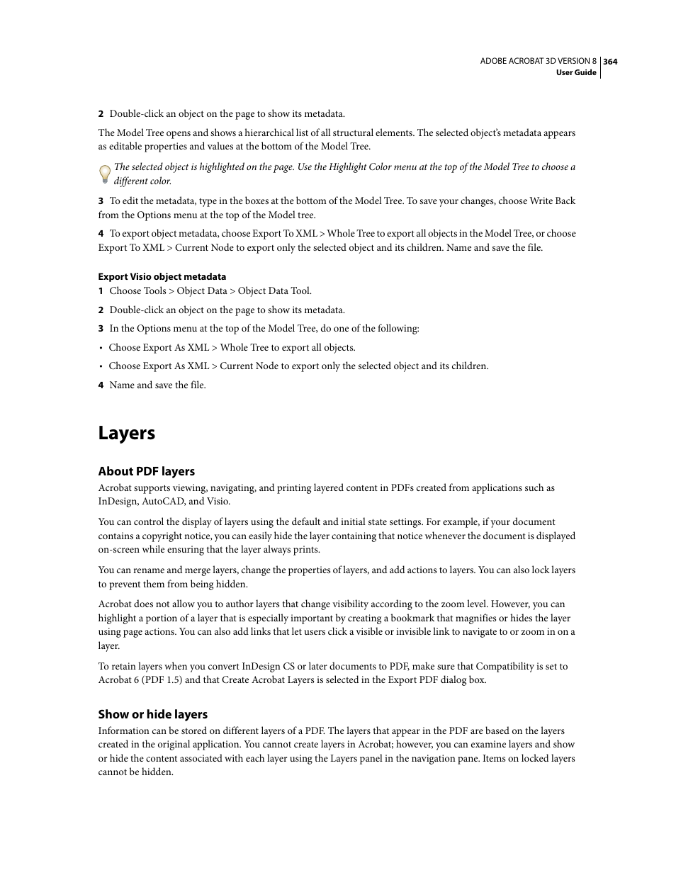 Layers, About pdf layers, Show or hide layers | Adobe Acrobat 8 3D User Manual | Page 371 / 600