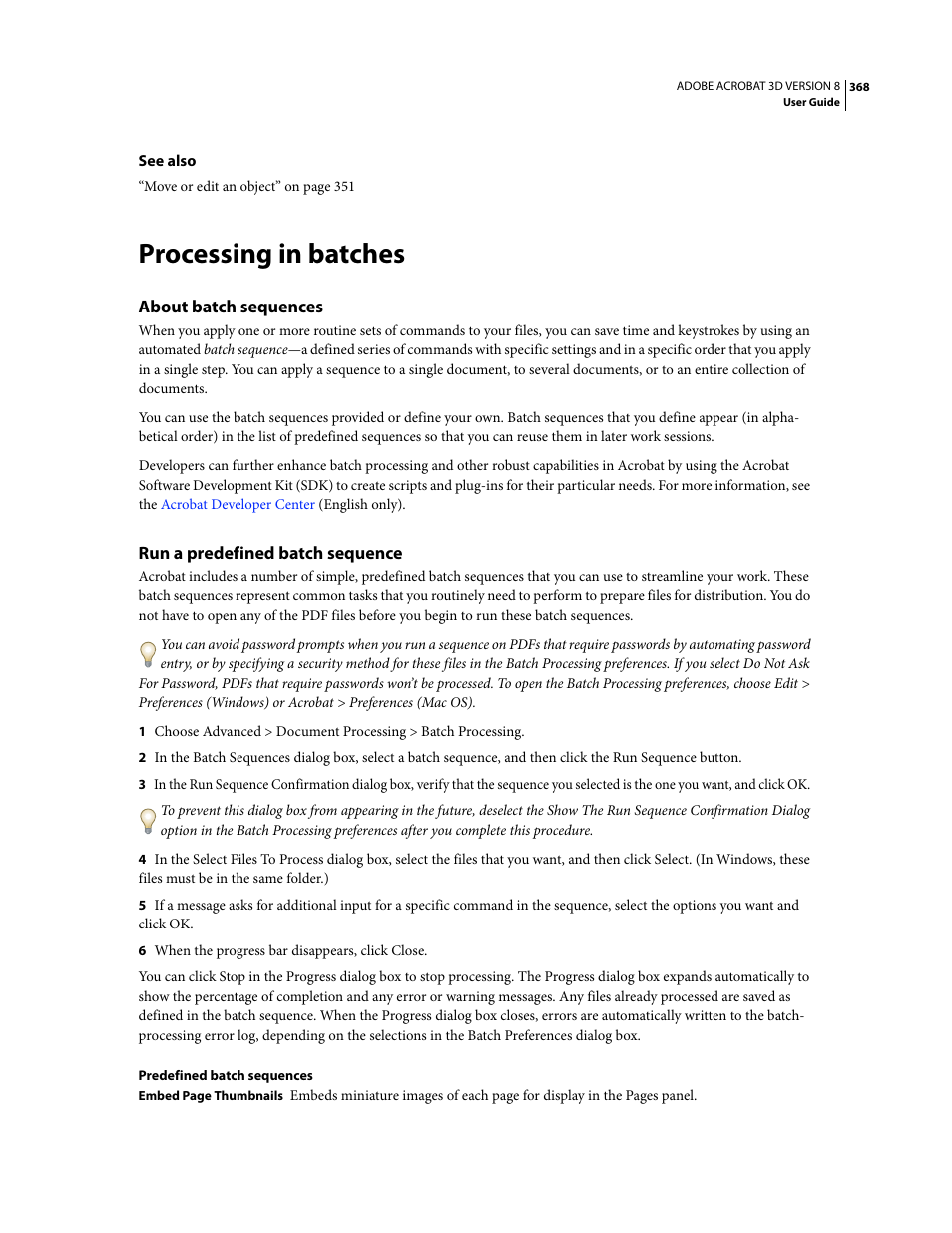 Processing in batches, About batch sequences, Run a predefined batch sequence | Adobe Acrobat 8 3D User Manual | Page 375 / 600