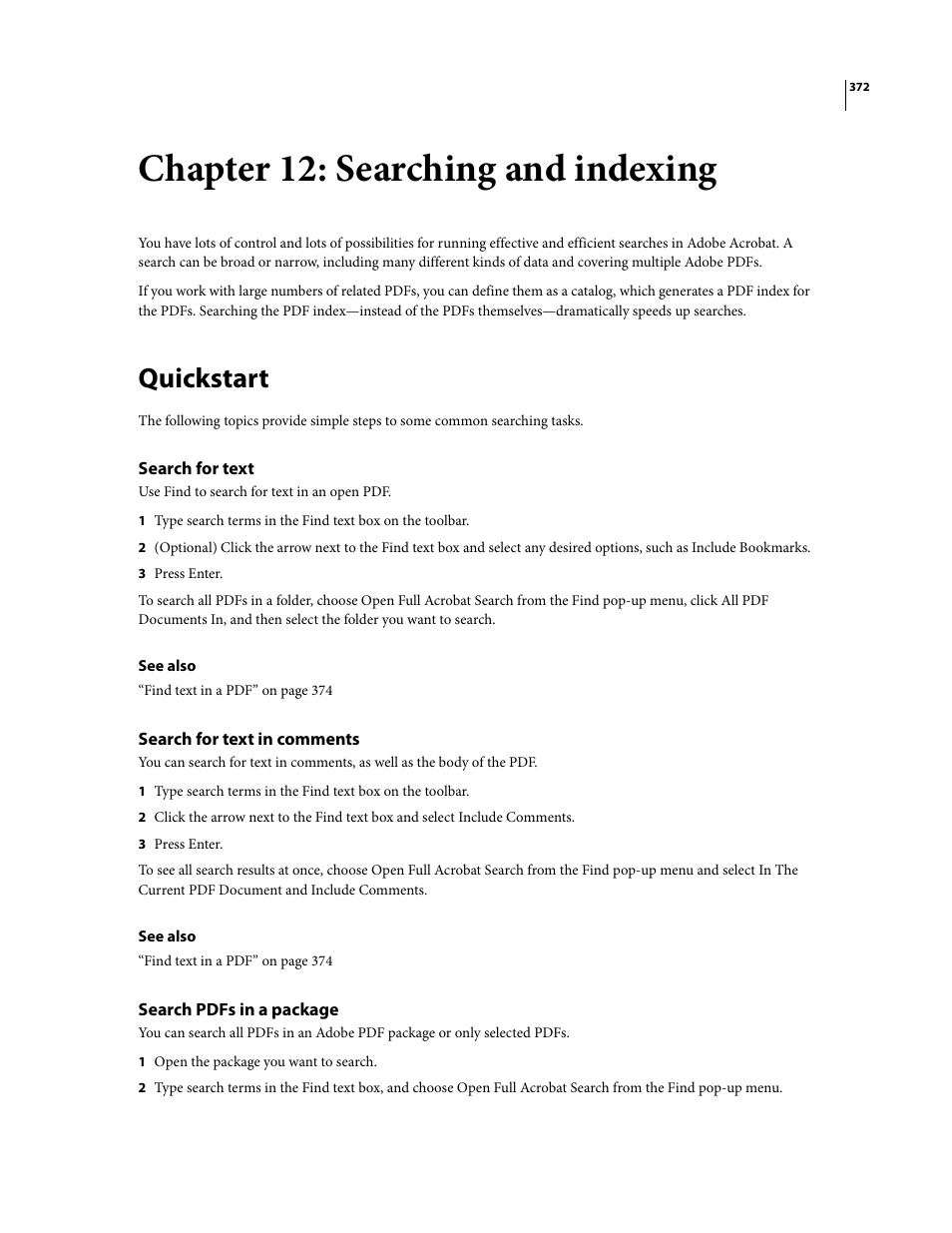 Chapter 12: searching and indexing, Quickstart, Search for text | Search for text in comments, Search pdfs in a package | Adobe Acrobat 8 3D User Manual | Page 379 / 600