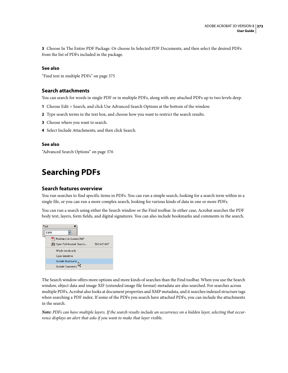 Search attachments, Searching pdfs, Search features overview | Adobe Acrobat 8 3D User Manual | Page 380 / 600