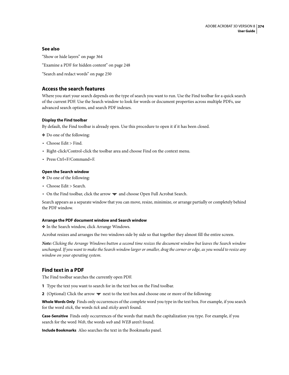 Access the search features, Find text in a pdf | Adobe Acrobat 8 3D User Manual | Page 381 / 600