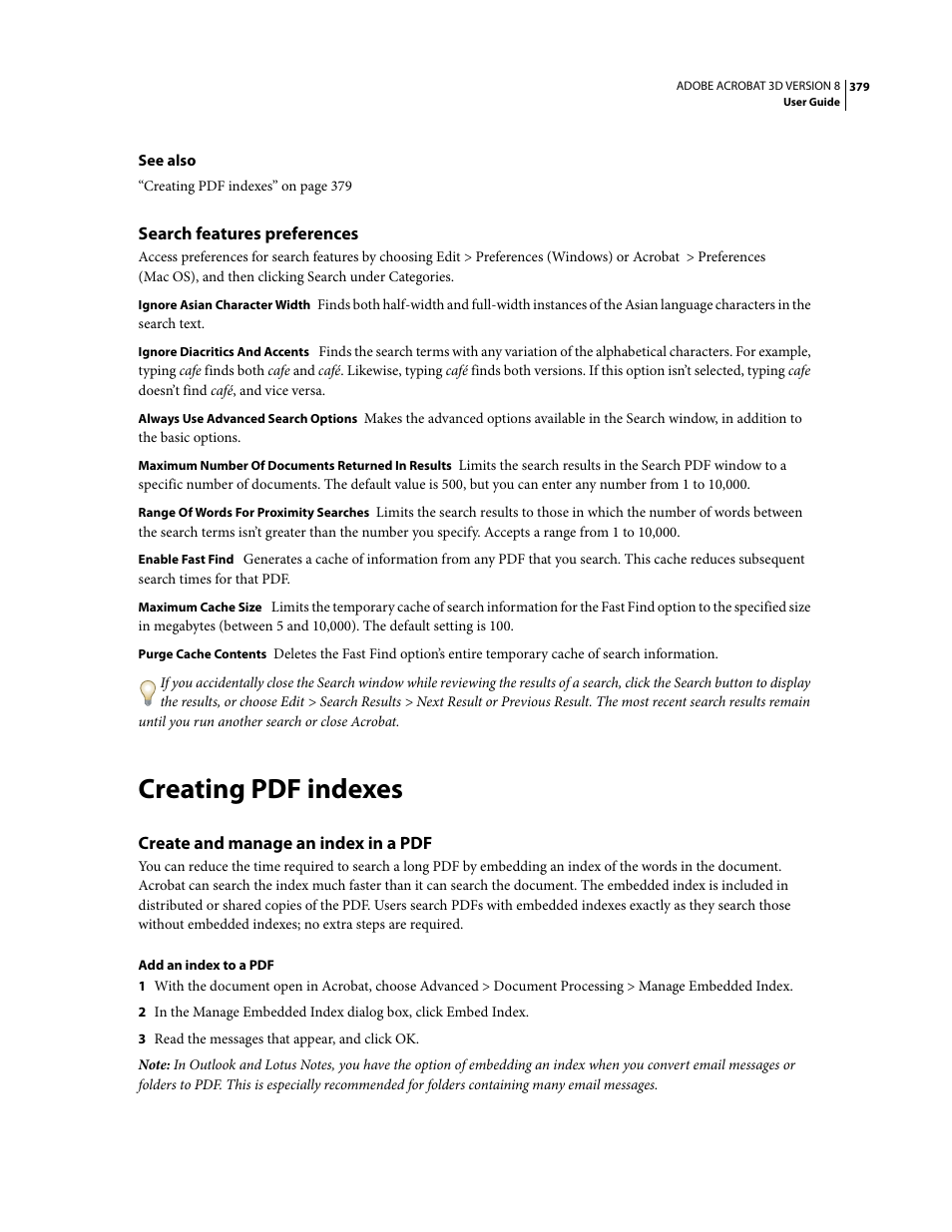 Search features preferences, Creating pdf indexes, Create and manage an index in a pdf | Adobe Acrobat 8 3D User Manual | Page 386 / 600