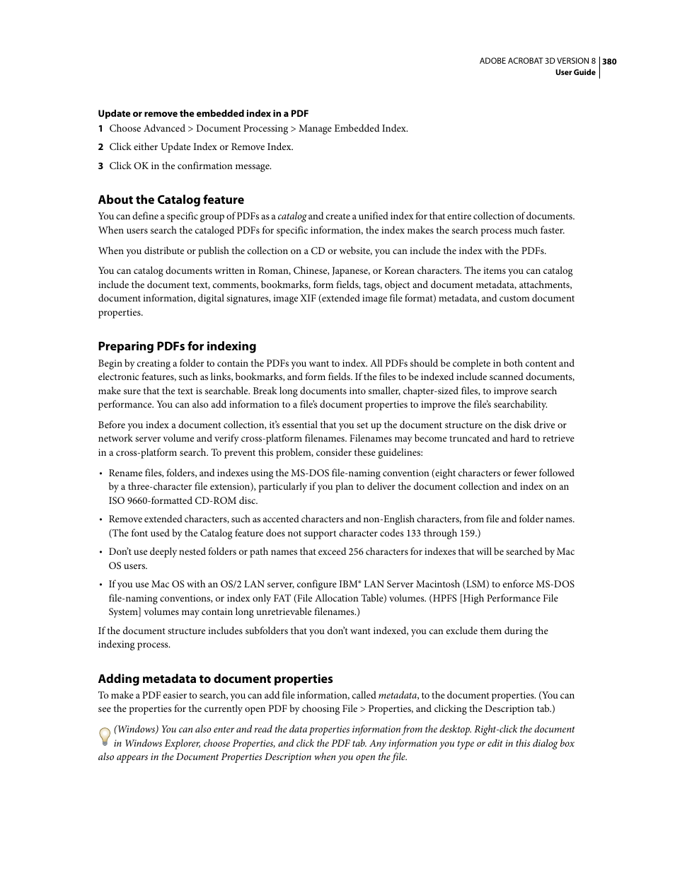 About the catalog feature, Preparing pdfs for indexing, Adding metadata to document properties | Adobe Acrobat 8 3D User Manual | Page 387 / 600