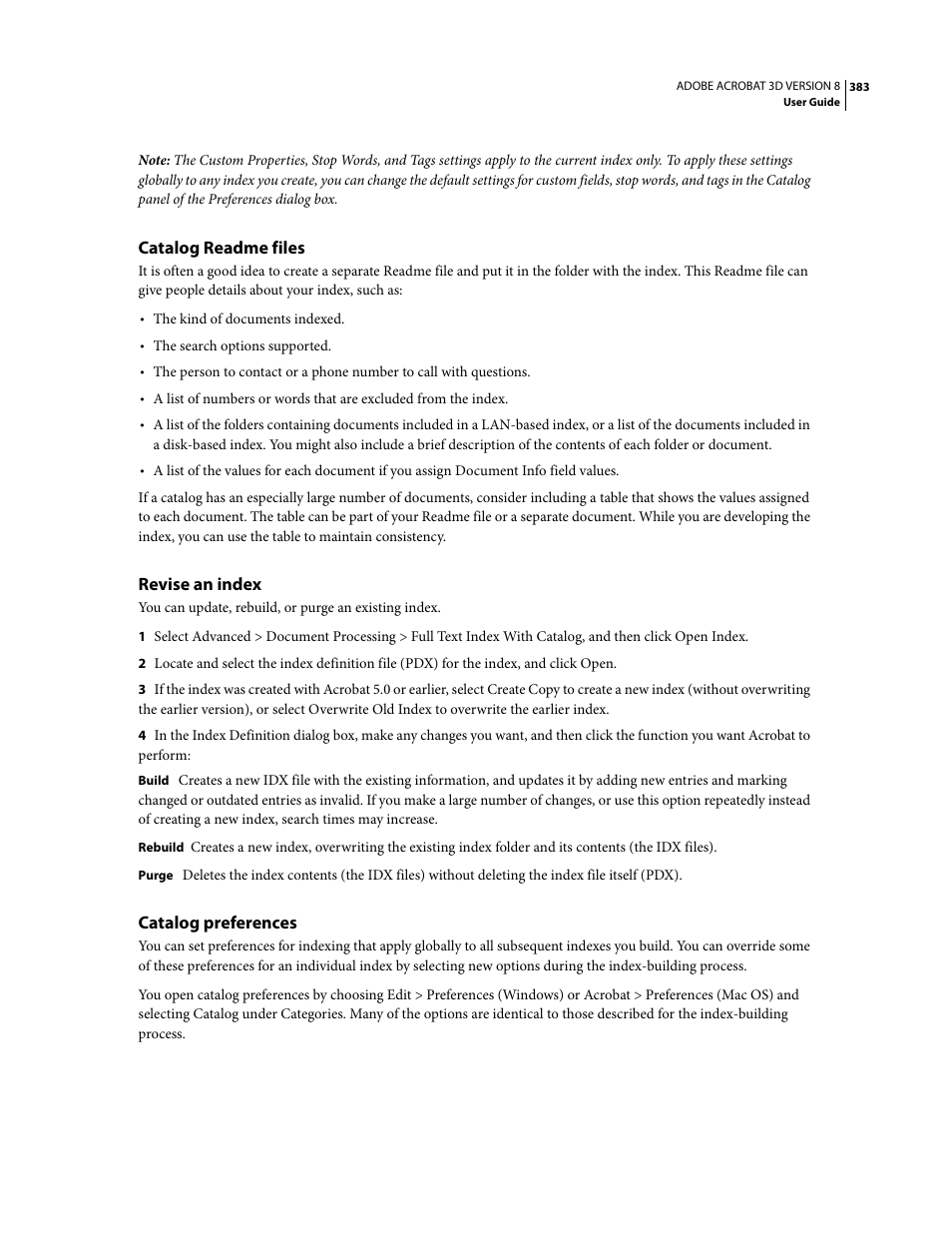 Catalog readme files, Revise an index, Catalog preferences | Adobe Acrobat 8 3D User Manual | Page 390 / 600