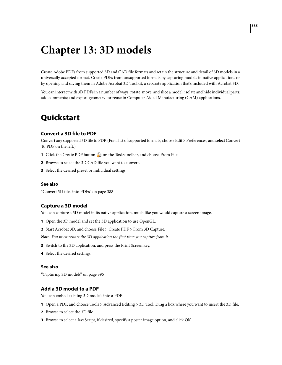 Chapter 13: 3d models, Quickstart, Convert a 3d file to pdf | Capture a 3d model, Add a 3d model to a pdf | Adobe Acrobat 8 3D User Manual | Page 392 / 600