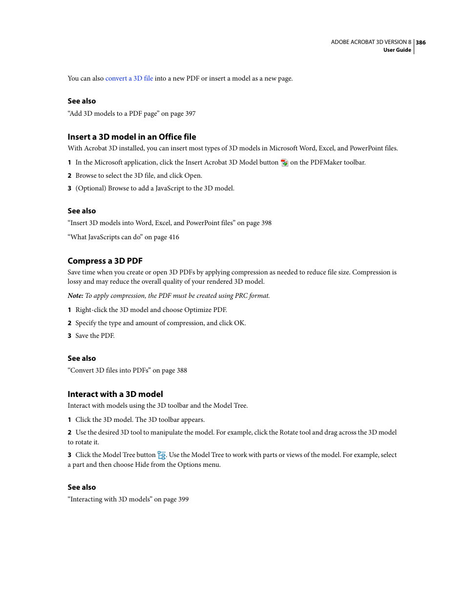 Insert a 3d model in an office file, Compress a 3d pdf, Interact with a 3d model | Adobe Acrobat 8 3D User Manual | Page 393 / 600