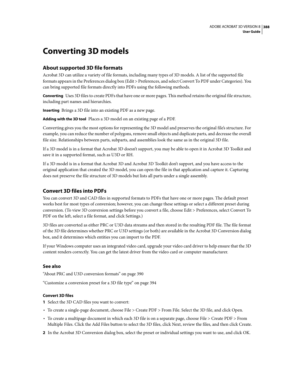 Converting 3d models, About supported 3d file formats, Convert 3d files into pdfs | Adobe Acrobat 8 3D User Manual | Page 395 / 600