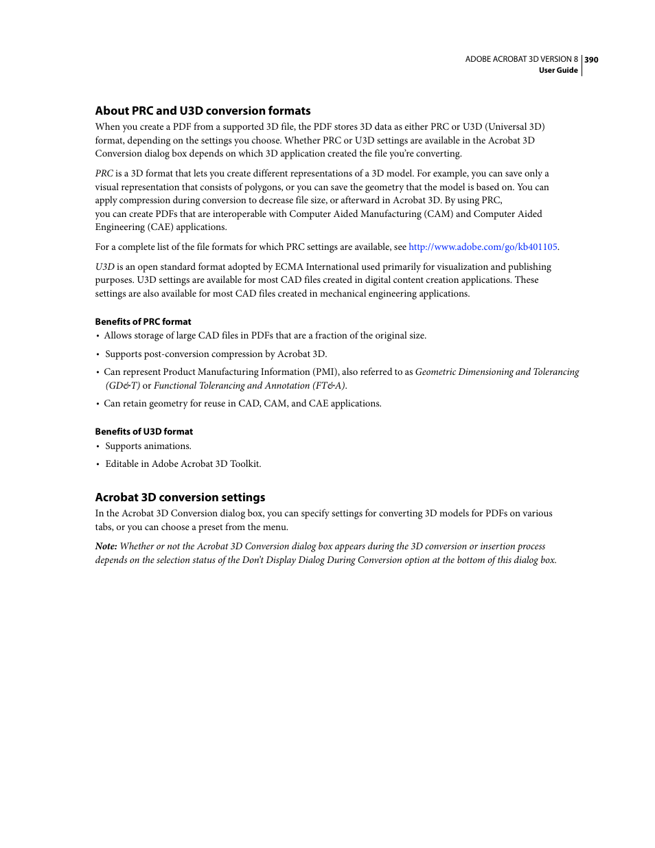 About prc and u3d conversion formats, Acrobat 3d conversion settings | Adobe Acrobat 8 3D User Manual | Page 397 / 600