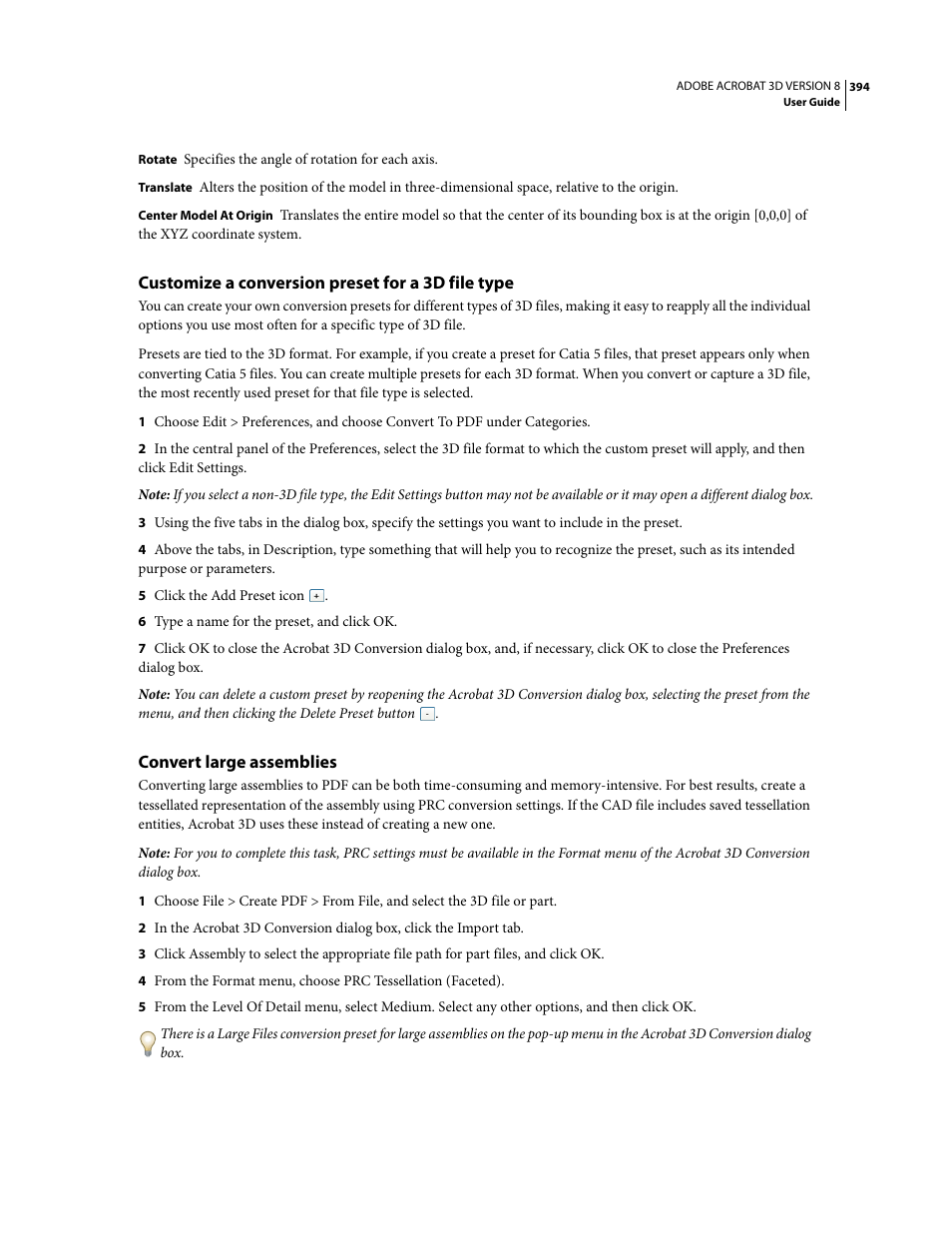 Customize a conversion preset for a 3d file type, Convert large assemblies | Adobe Acrobat 8 3D User Manual | Page 401 / 600