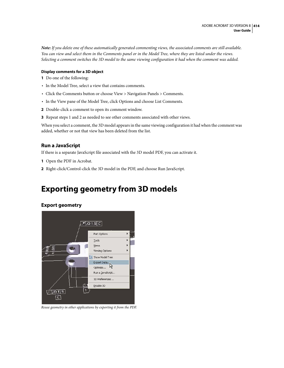 Run a javascript, Exporting geometry from 3d models, Export geometry | Adobe Acrobat 8 3D User Manual | Page 421 / 600