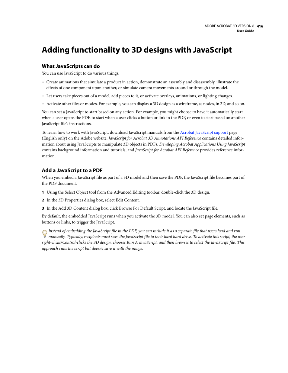 Adding functionality to 3d designs with javascript, What javascripts can do, Add a javascript to a pdf | Adobe Acrobat 8 3D User Manual | Page 423 / 600