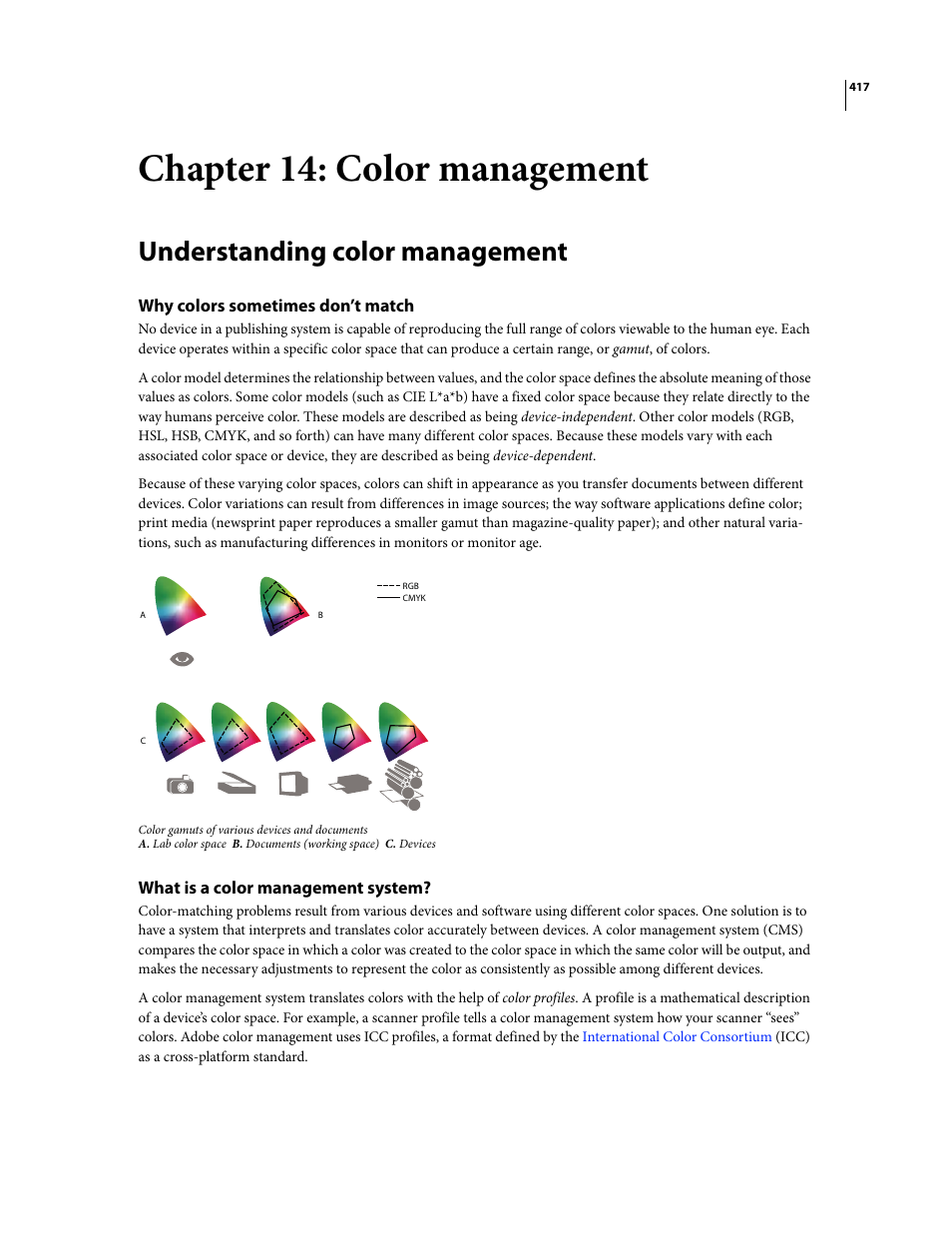 Chapter 14: color management, Understanding color management, Why colors sometimes don’t match | What is a color management system | Adobe Acrobat 8 3D User Manual | Page 424 / 600