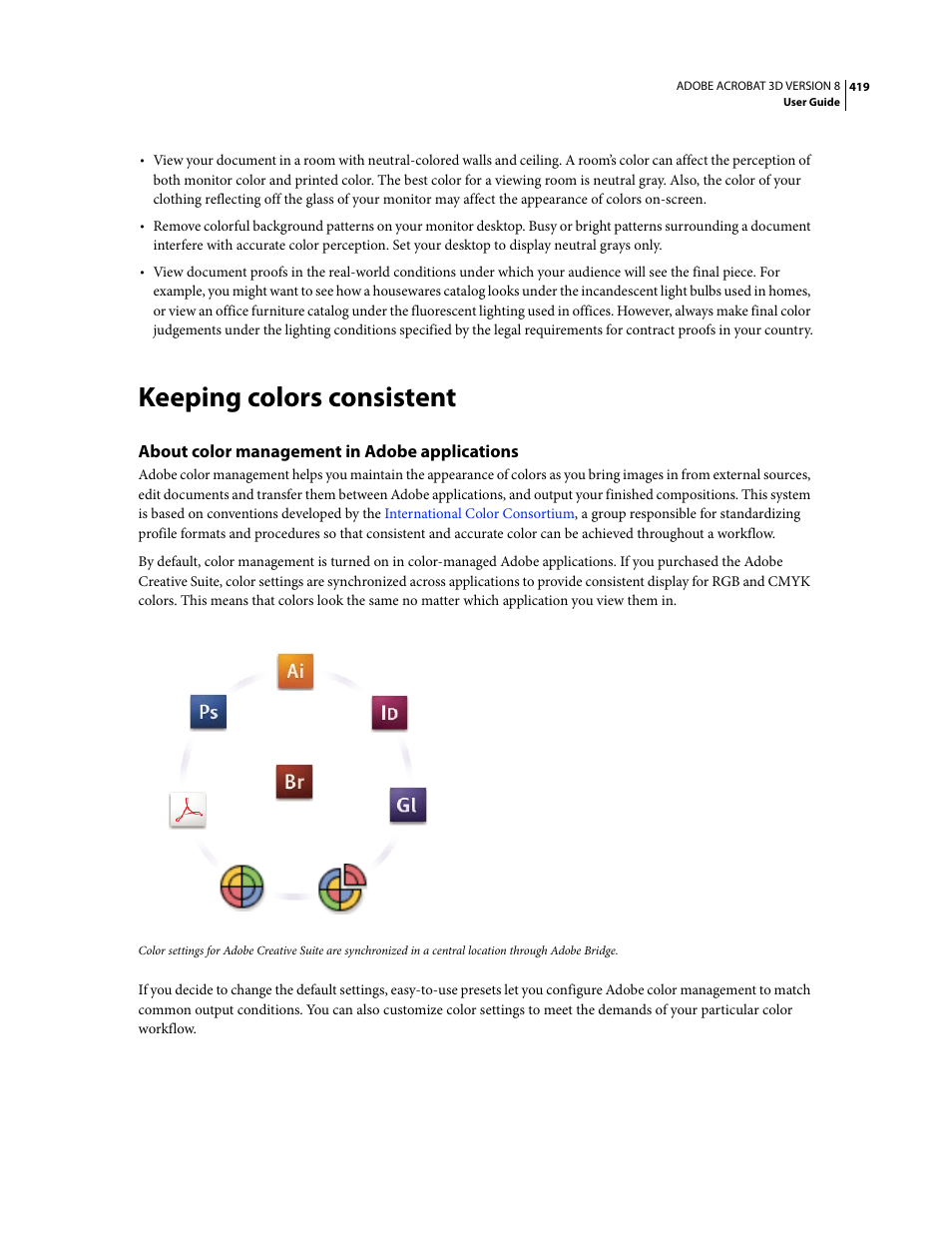 Keeping colors consistent, About color management in adobe applications, Color-managing imported images | Adobe Acrobat 8 3D User Manual | Page 426 / 600