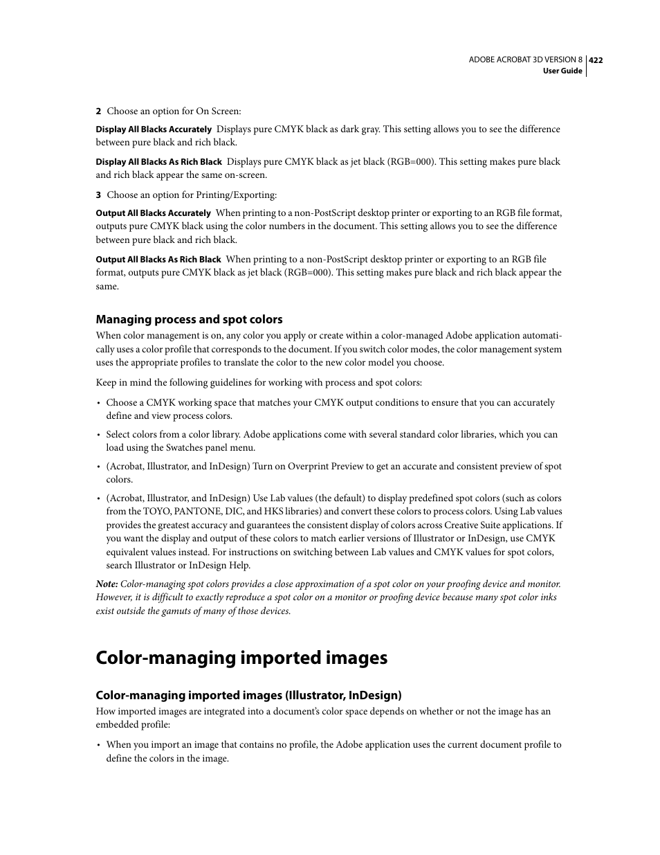 Managing process and spot colors, Color-managing imported images | Adobe Acrobat 8 3D User Manual | Page 429 / 600