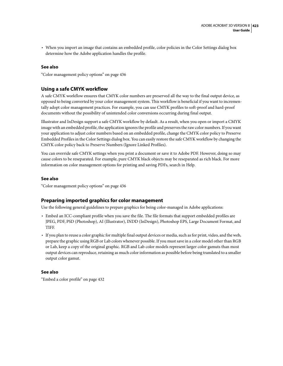 Using a safe cmyk workflow, Preparing imported graphics for color management | Adobe Acrobat 8 3D User Manual | Page 430 / 600