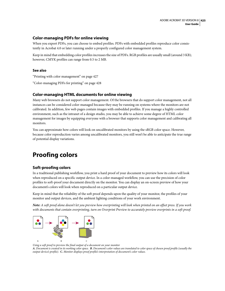 Color-managing pdfs for online viewing, Color-managing html documents for online viewing, Proofing colors | Soft-proofing colors | Adobe Acrobat 8 3D User Manual | Page 432 / 600