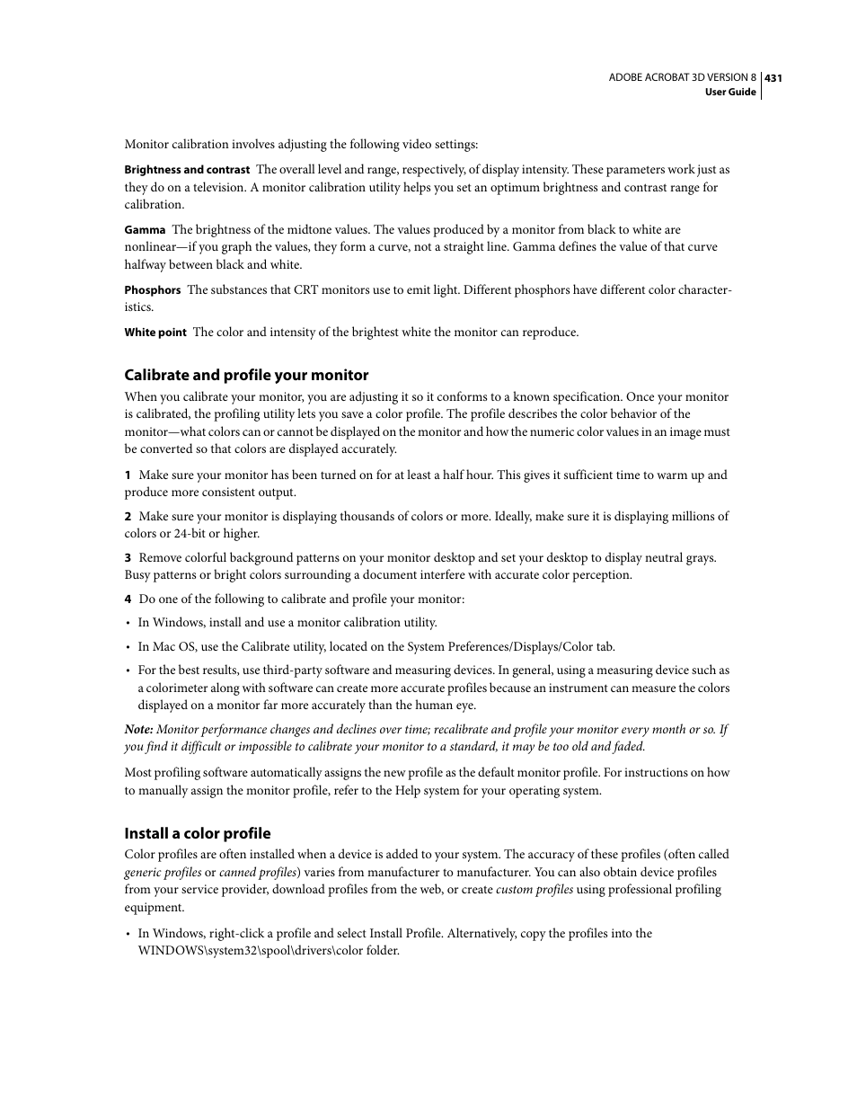 Calibrate and profile your monitor, Install a color profile | Adobe Acrobat 8 3D User Manual | Page 438 / 600