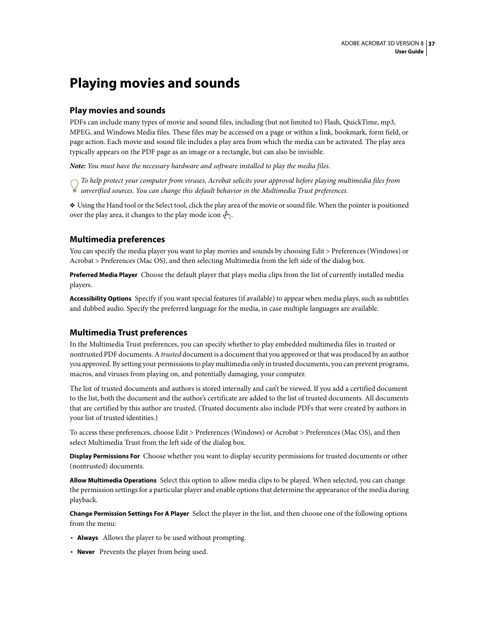 Playing movies and sounds, Play movies and sounds, Multimedia preferences | Multimedia trust preferences | Adobe Acrobat 8 3D User Manual | Page 44 / 600