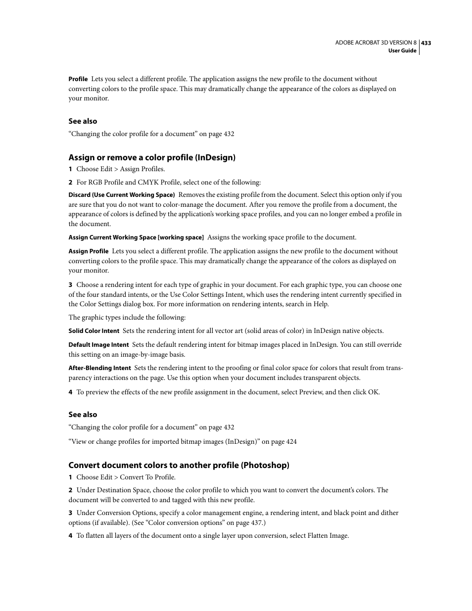 Assign or remove a color profile (indesign) | Adobe Acrobat 8 3D User Manual | Page 440 / 600