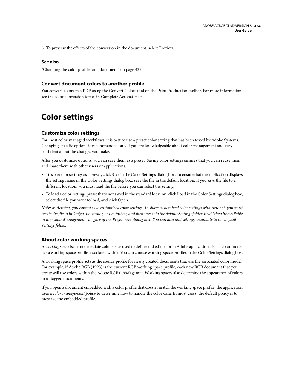 Convert document colors to another profile, Color settings, Customize color settings | About color working spaces | Adobe Acrobat 8 3D User Manual | Page 441 / 600