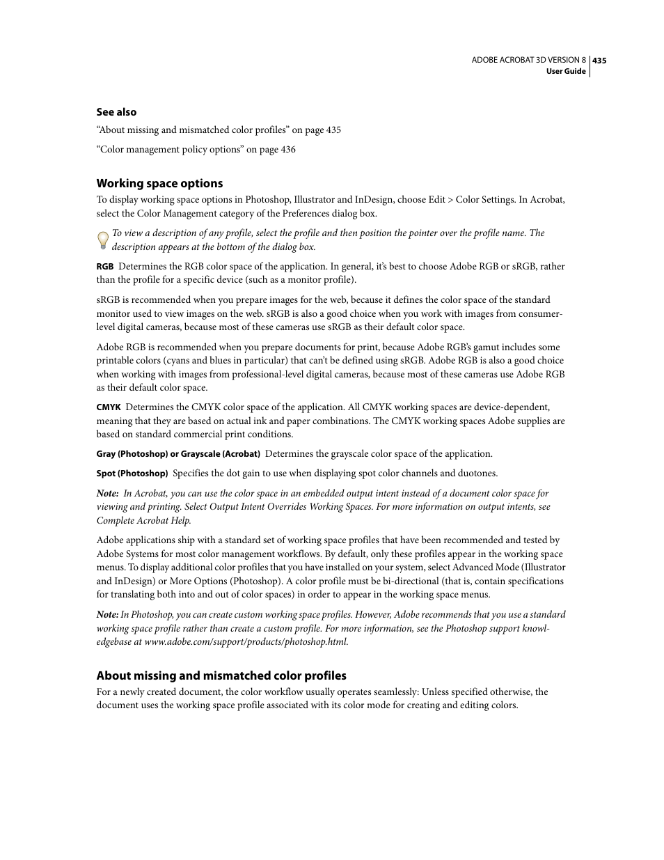 Working space options, About missing and mismatched color profiles | Adobe Acrobat 8 3D User Manual | Page 442 / 600