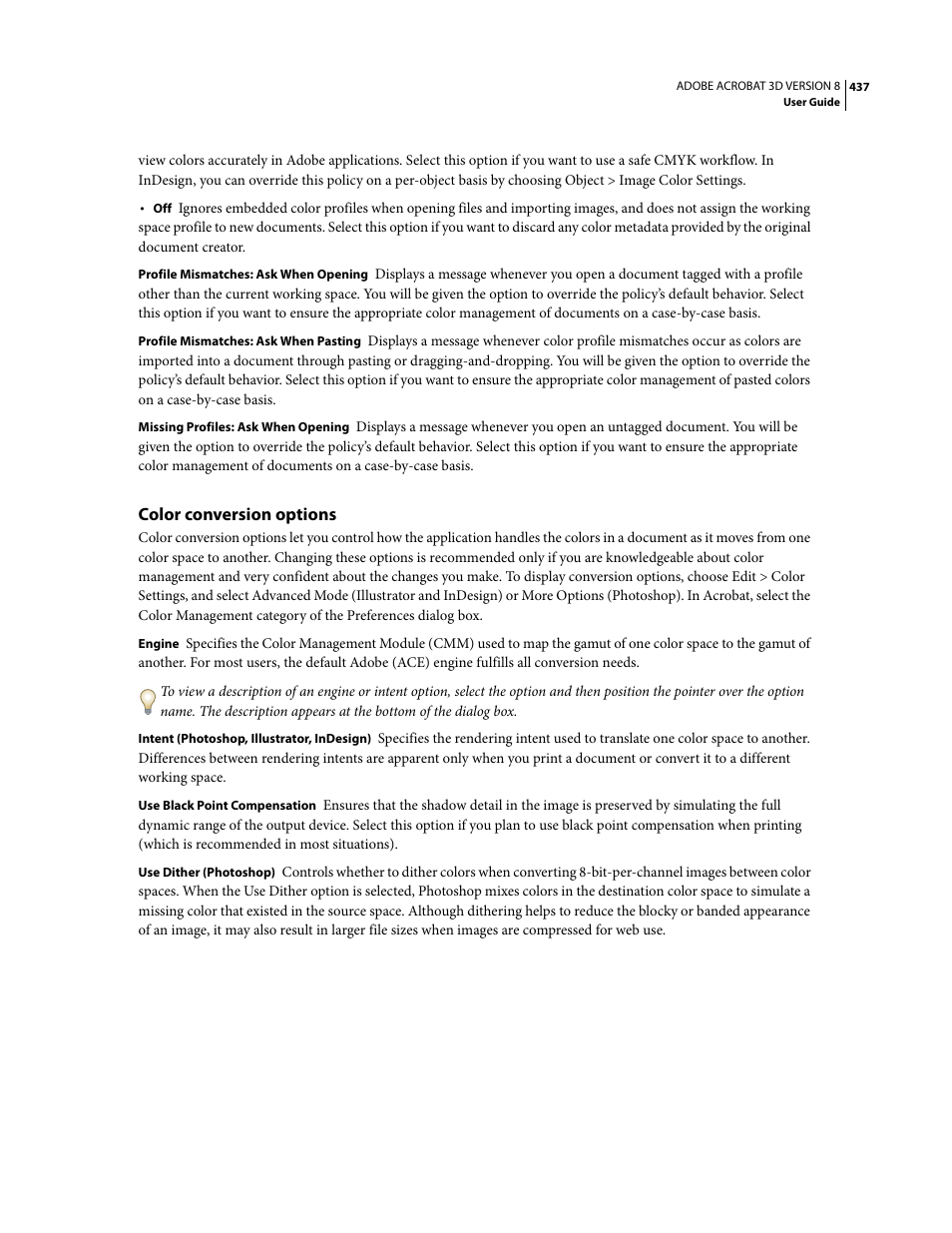 Color conversion options | Adobe Acrobat 8 3D User Manual | Page 444 / 600