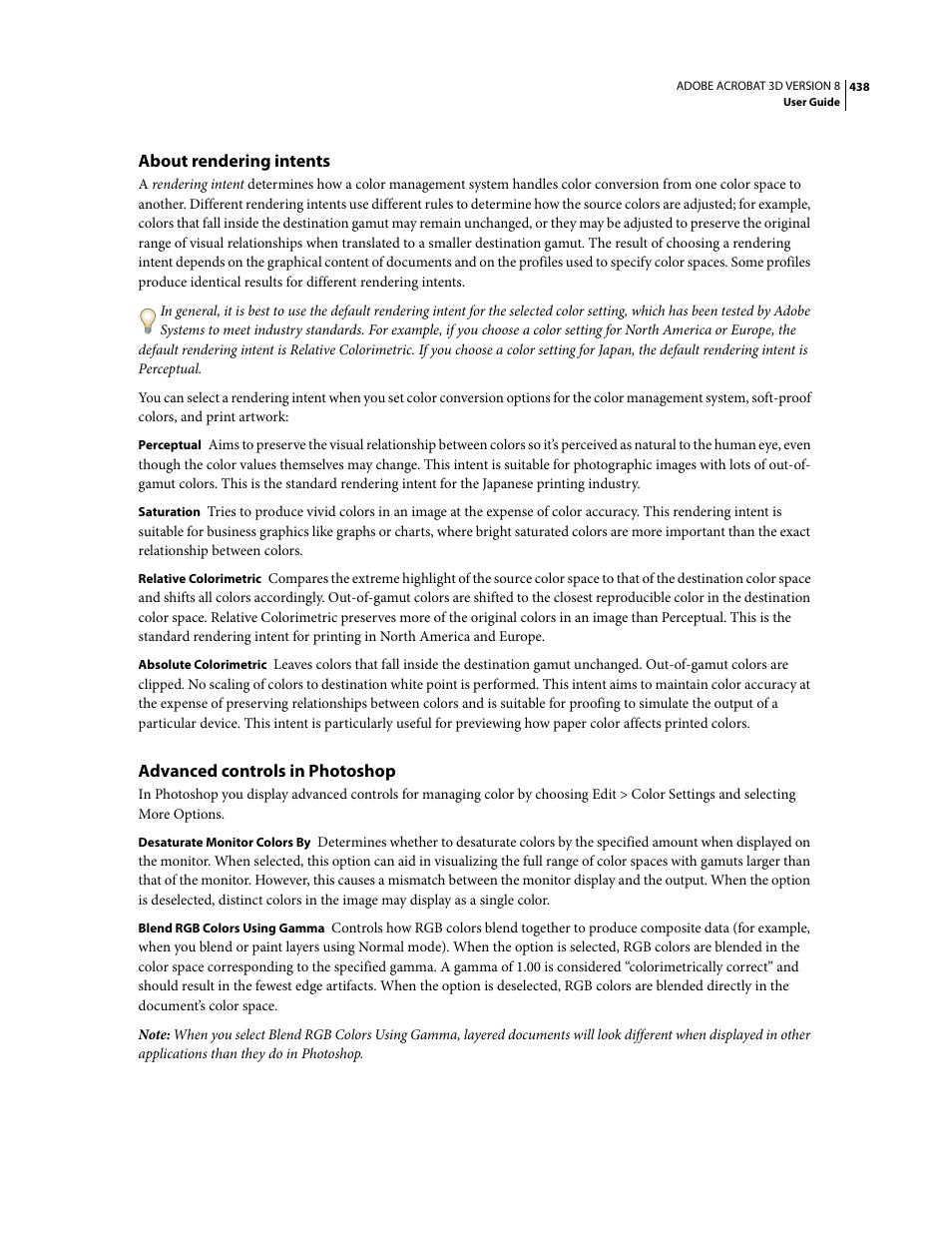About rendering intents, Advanced controls in photoshop | Adobe Acrobat 8 3D User Manual | Page 445 / 600