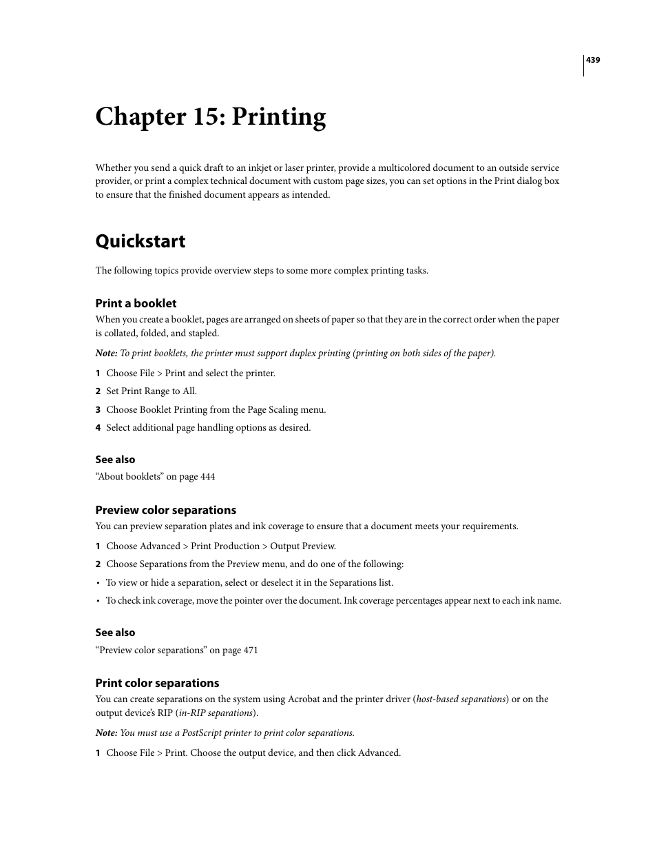 Chapter 15: printing, Quickstart, Print a booklet | Preview color separations, Print color separations | Adobe Acrobat 8 3D User Manual | Page 446 / 600