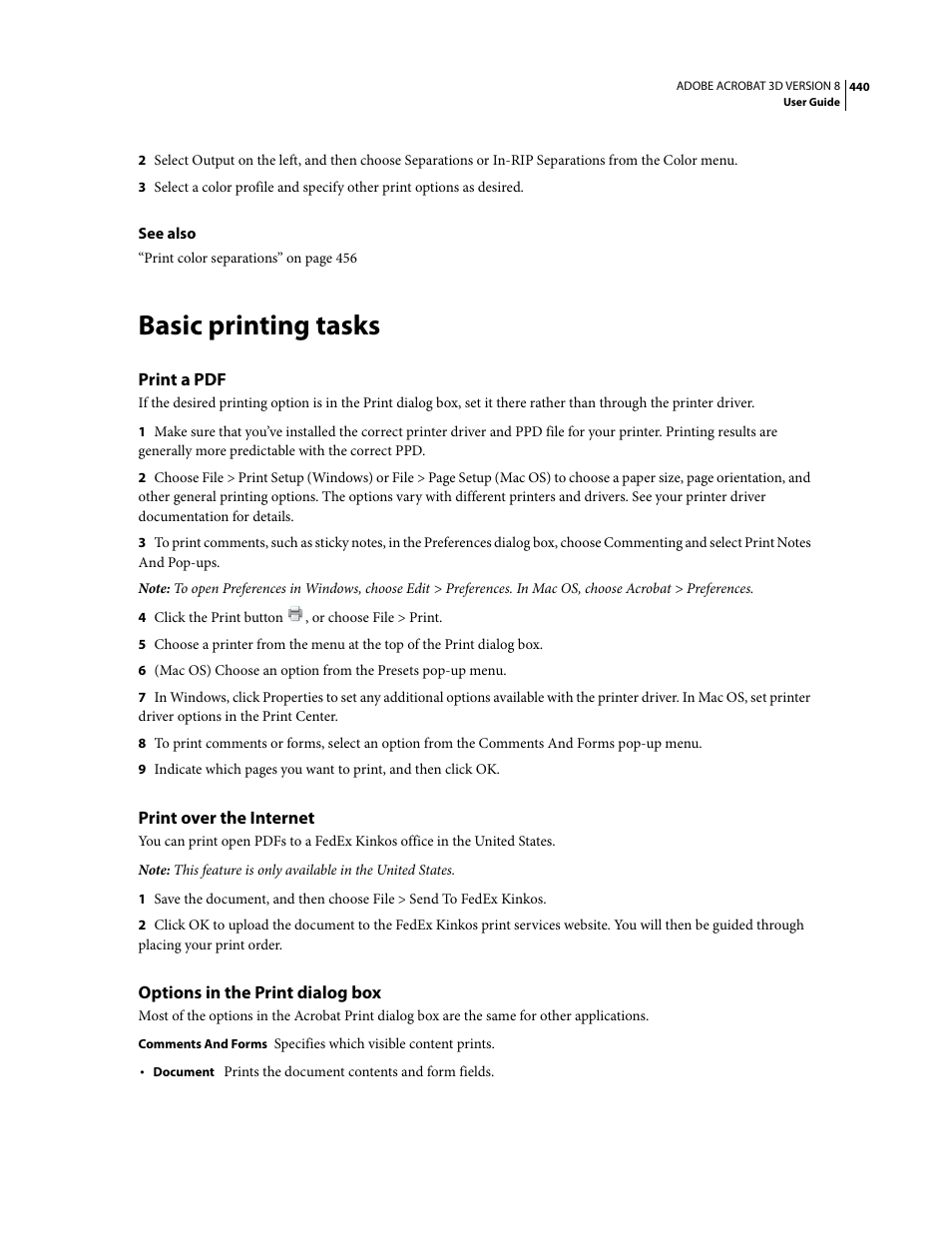 Basic printing tasks, Print a pdf, Print over the internet | Options in the print dialog box | Adobe Acrobat 8 3D User Manual | Page 447 / 600