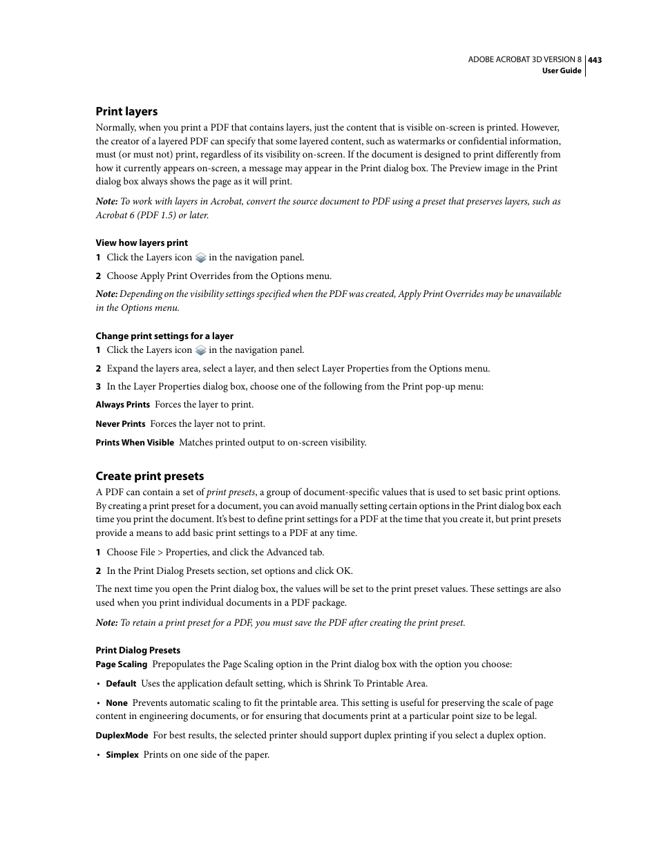 Print layers, Create print presets | Adobe Acrobat 8 3D User Manual | Page 450 / 600