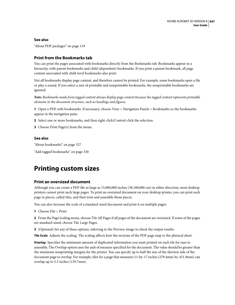 Print from the bookmarks tab, Printing custom sizes, Print an oversized document | Adobe Acrobat 8 3D User Manual | Page 454 / 600