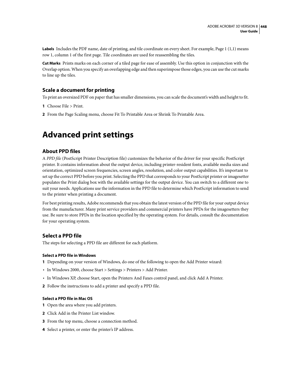 Scale a document for printing, Advanced print settings, About ppd files | Select a ppd file | Adobe Acrobat 8 3D User Manual | Page 455 / 600