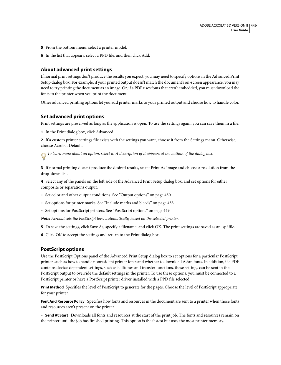 About advanced print settings, Set advanced print options, Postscript options | Adobe Acrobat 8 3D User Manual | Page 456 / 600