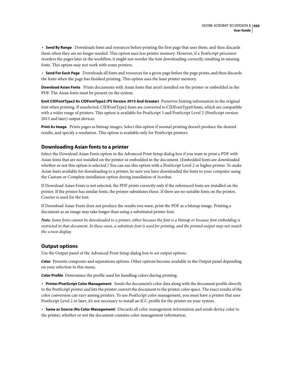 Downloading asian fonts to a printer, Output options | Adobe Acrobat 8 3D User Manual | Page 457 / 600
