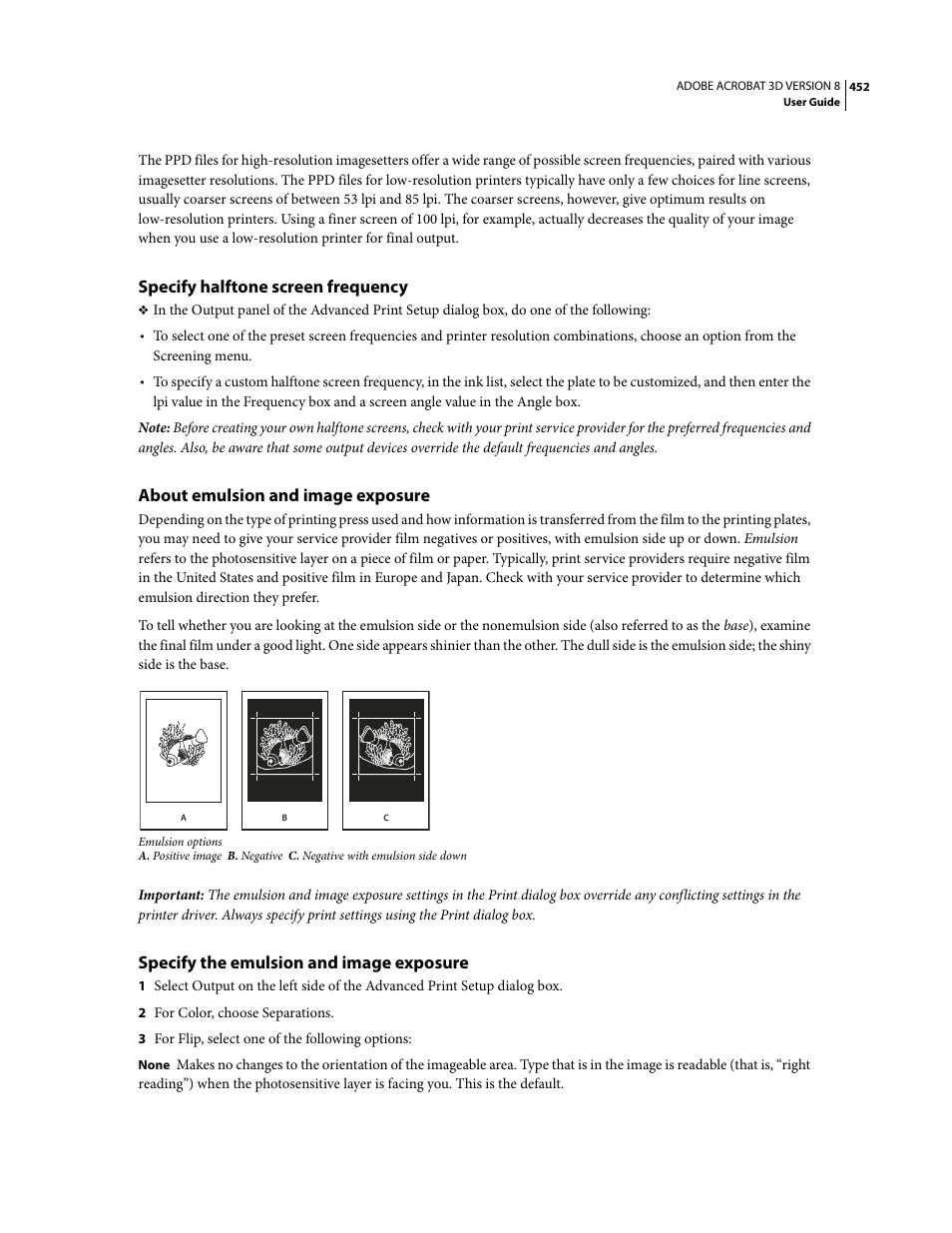 Specify halftone screen frequency, About emulsion and image exposure, Specify the emulsion and image exposure | Adobe Acrobat 8 3D User Manual | Page 459 / 600