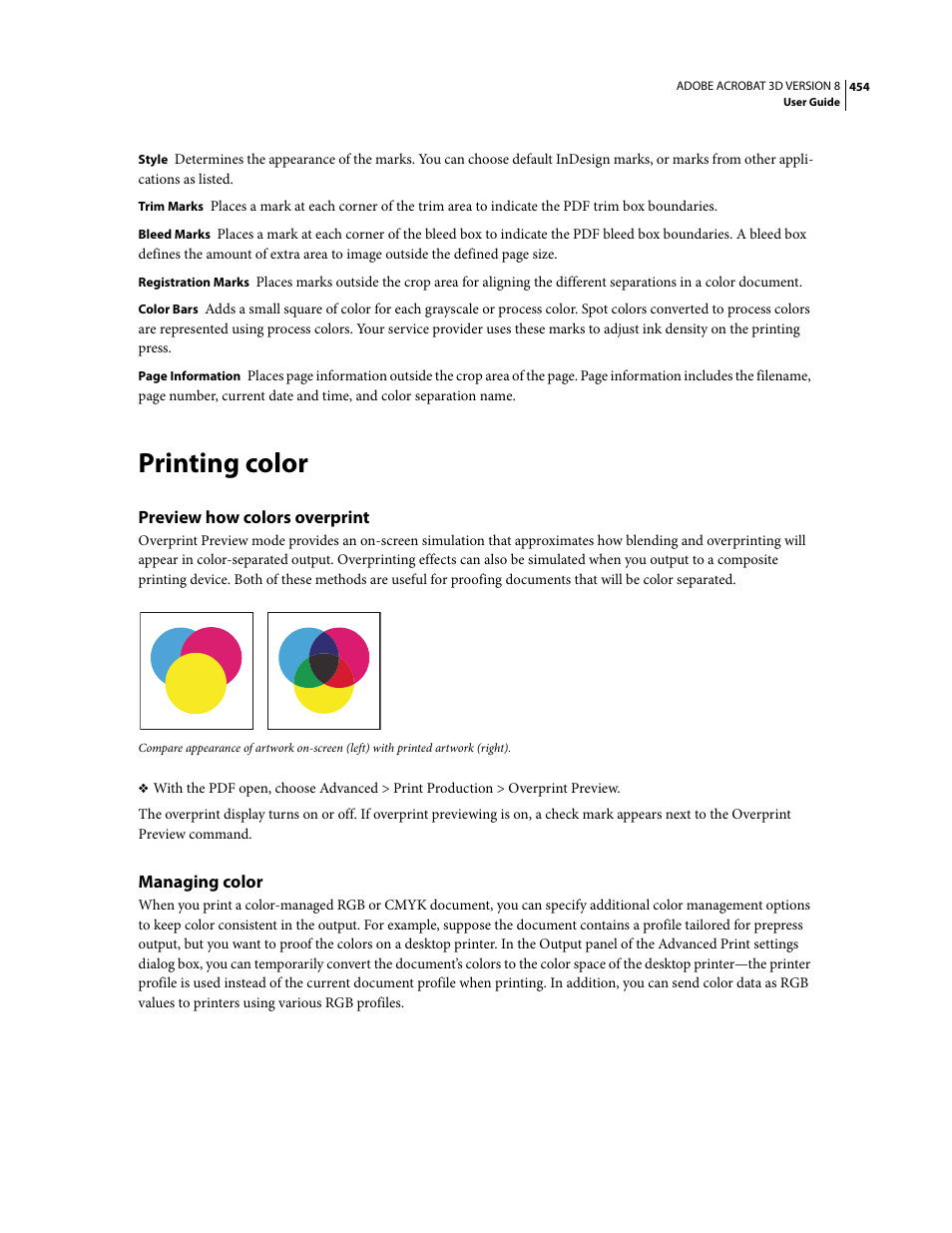 Printing color, Preview how colors overprint, Managing color | Adobe Acrobat 8 3D User Manual | Page 461 / 600