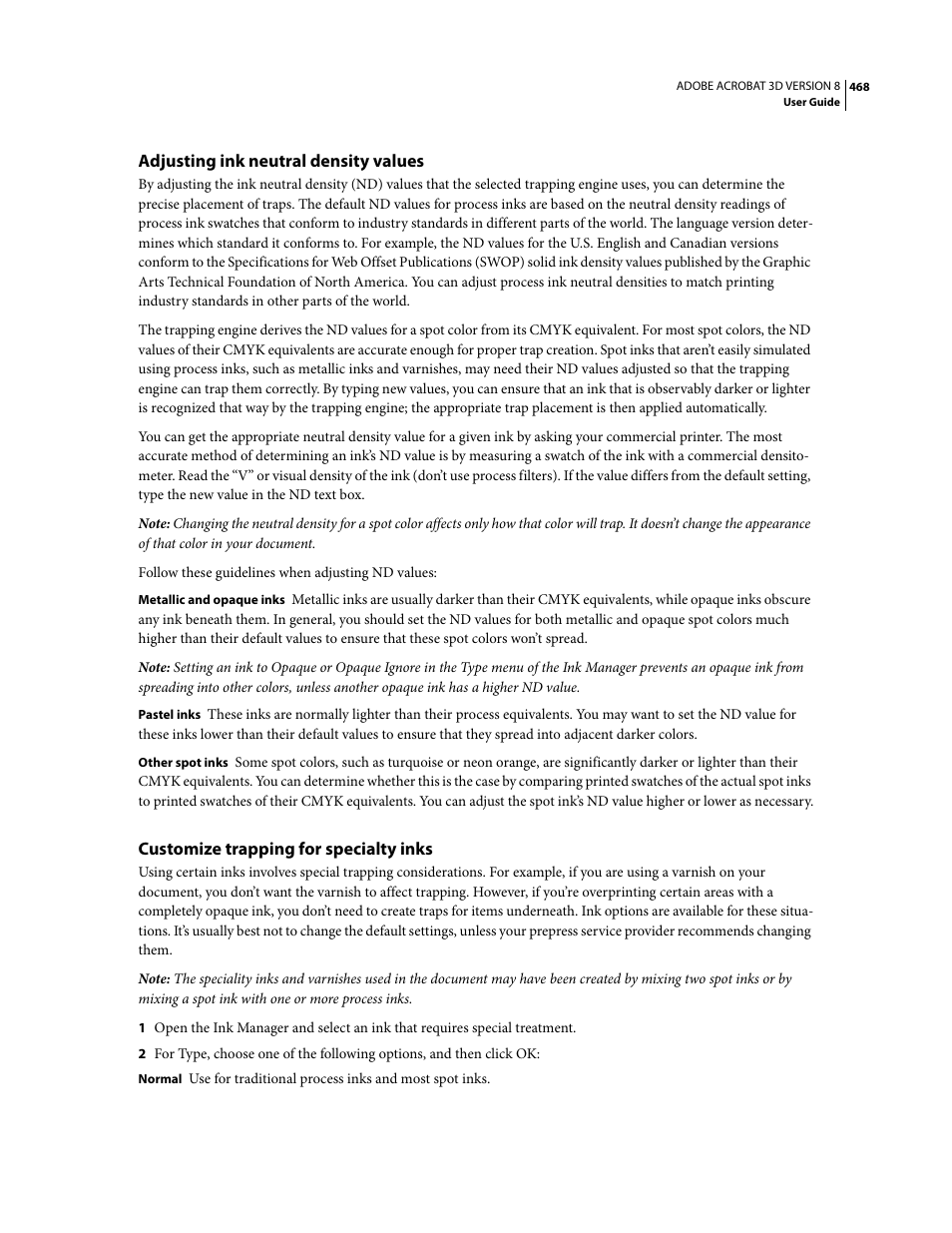 Adjusting ink neutral density values, Customize trapping for specialty inks | Adobe Acrobat 8 3D User Manual | Page 475 / 600