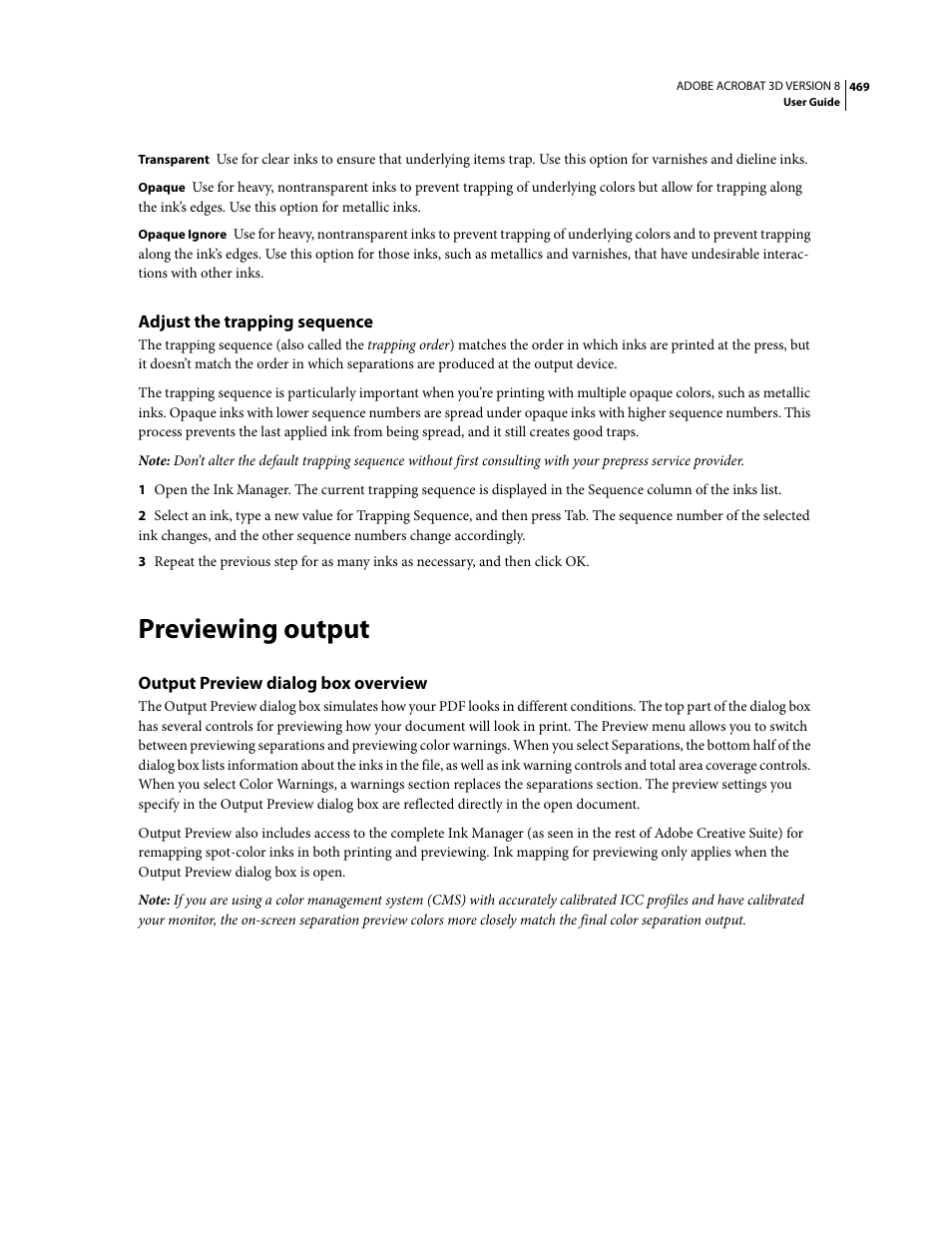 Adjust the trapping sequence, Previewing output, Output preview dialog box overview | Adobe Acrobat 8 3D User Manual | Page 476 / 600