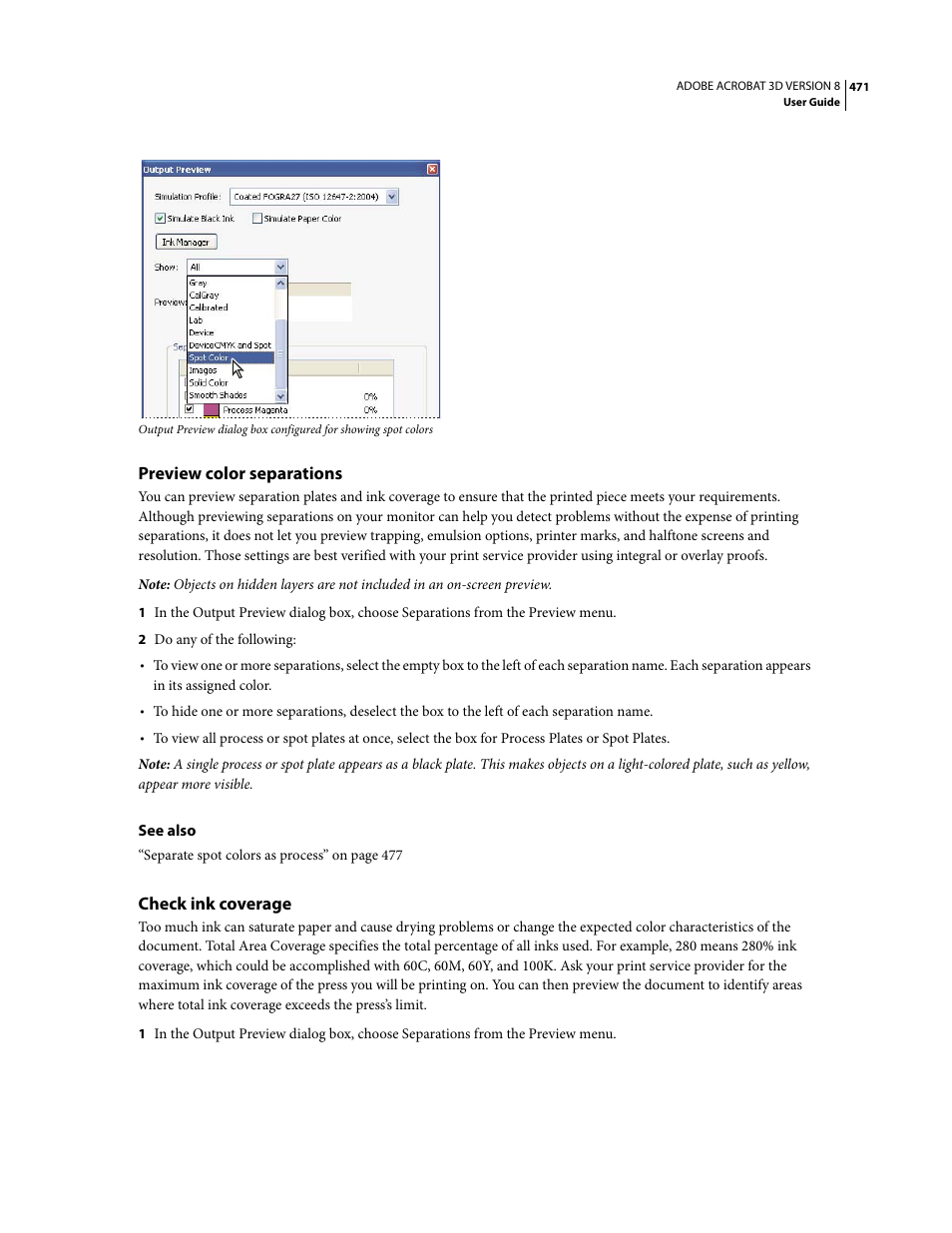 Preview color separations, Check ink coverage | Adobe Acrobat 8 3D User Manual | Page 478 / 600