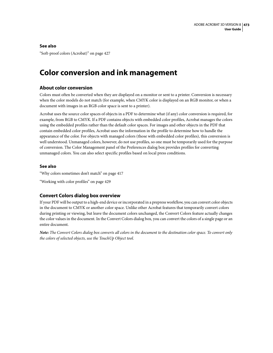 Color conversion and ink management, About color conversion, Convert colors dialog box overview | Adobe Acrobat 8 3D User Manual | Page 480 / 600