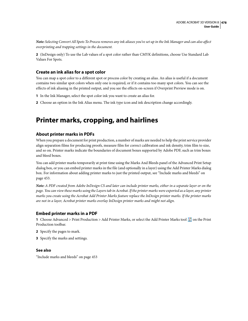 Create an ink alias for a spot color, Printer marks, cropping, and hairlines, About printer marks in pdfs | Embed printer marks in a pdf | Adobe Acrobat 8 3D User Manual | Page 485 / 600