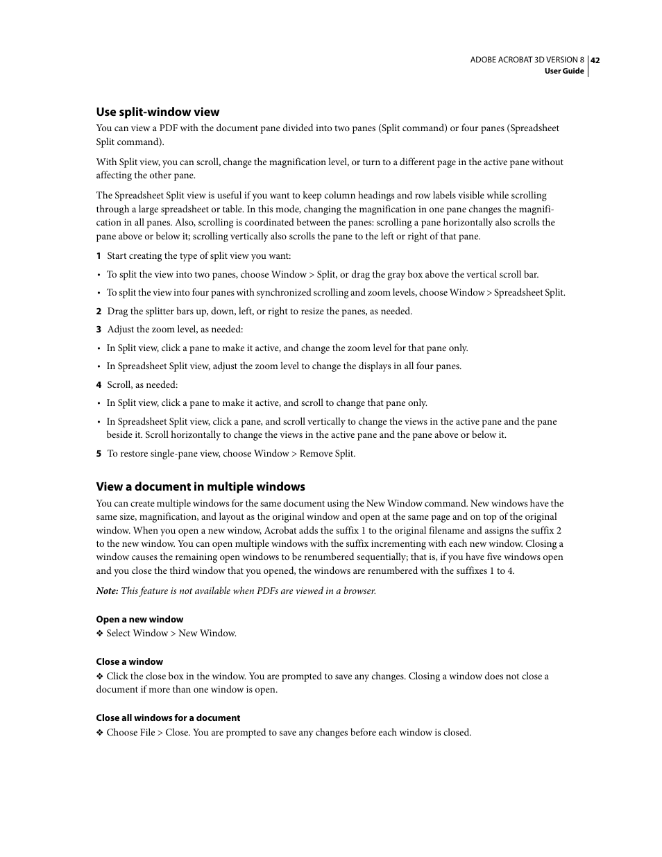 Use split-window view, View a document in multiple windows | Adobe Acrobat 8 3D User Manual | Page 49 / 600