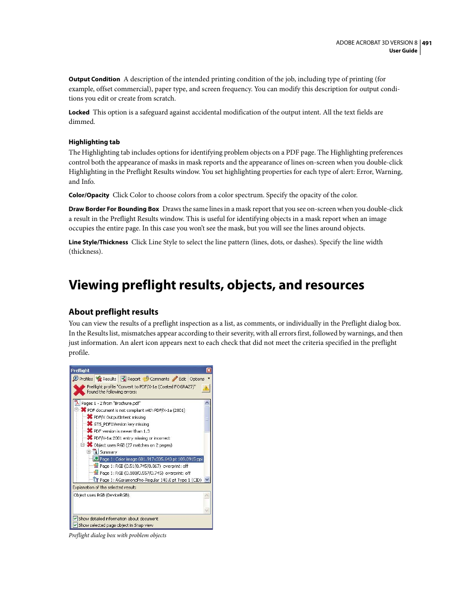 Viewing preflight results, objects, and resources, About preflight results | Adobe Acrobat 8 3D User Manual | Page 498 / 600