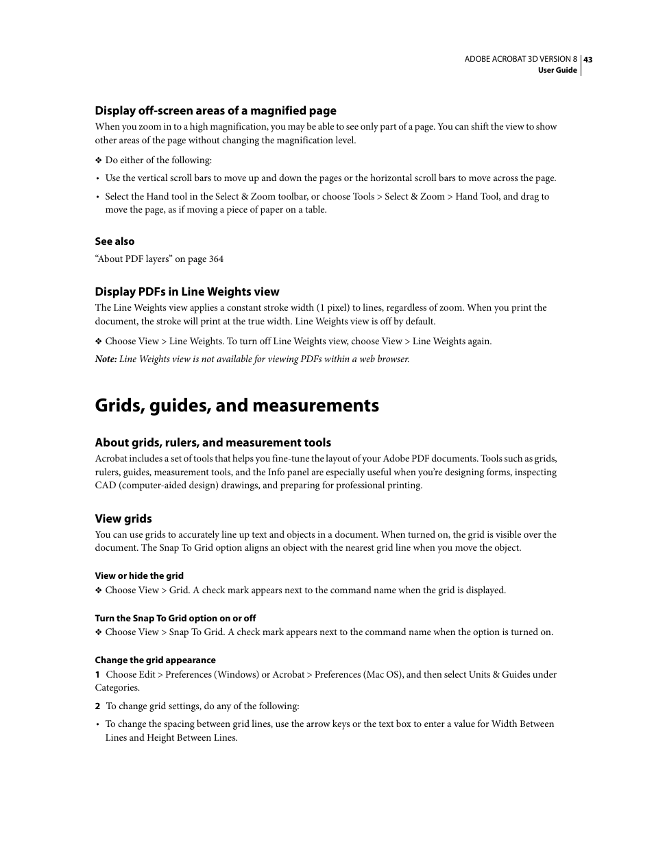 Display pdfs in line weights view, Grids, guides, and measurements, About grids, rulers, and measurement tools | View grids | Adobe Acrobat 8 3D User Manual | Page 50 / 600