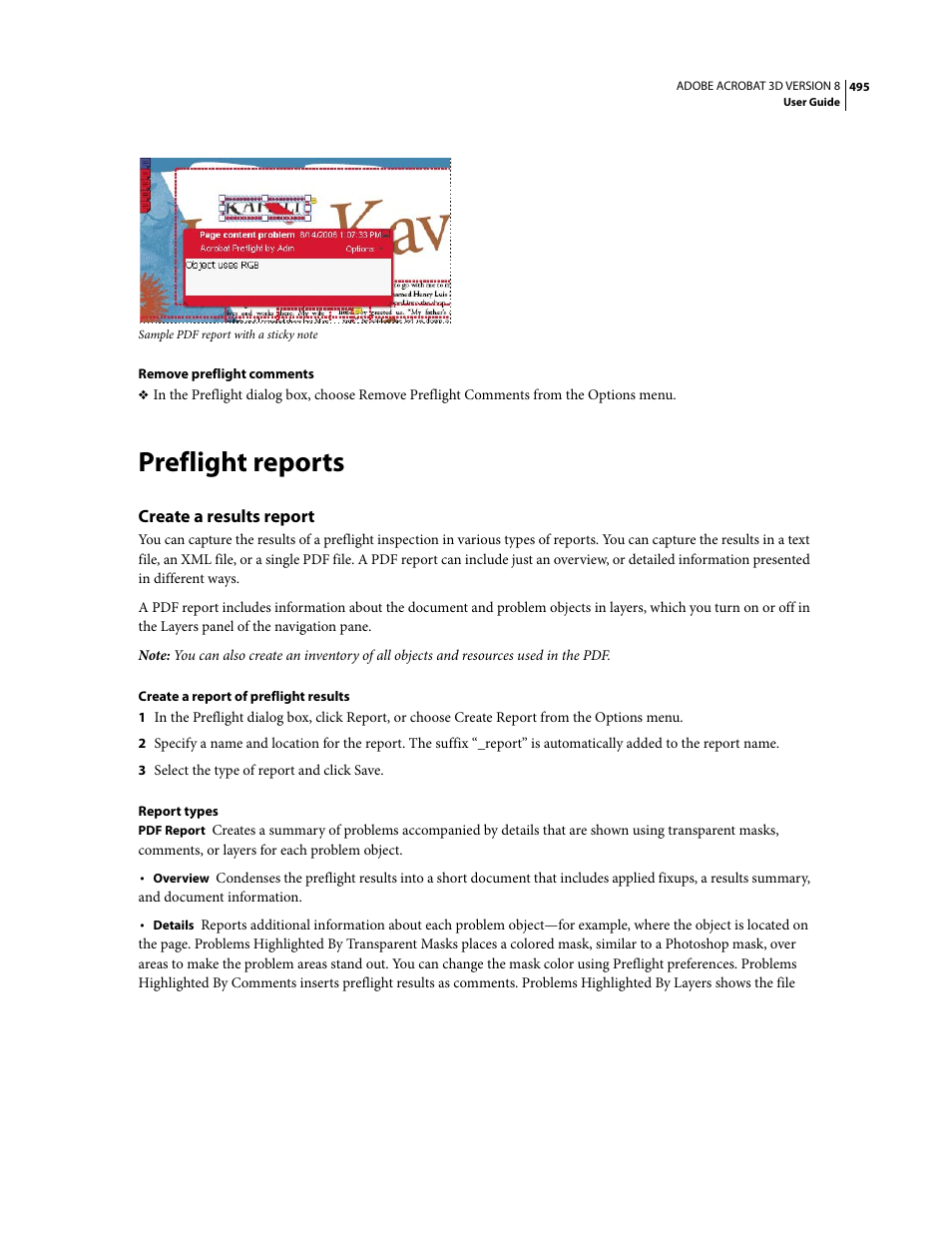 Preflight reports, Create a results report | Adobe Acrobat 8 3D User Manual | Page 502 / 600