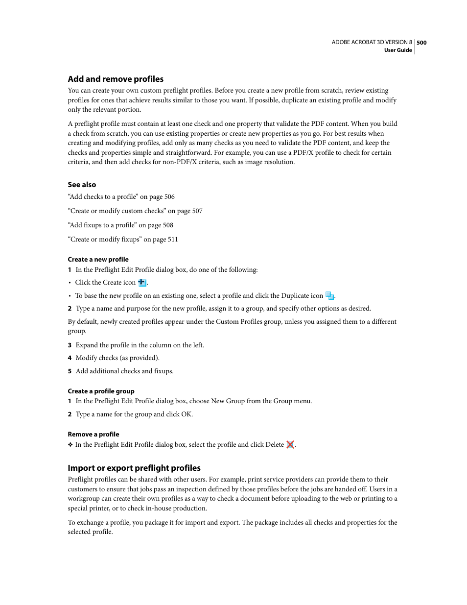 Add and remove profiles, Import or export preflight profiles | Adobe Acrobat 8 3D User Manual | Page 507 / 600