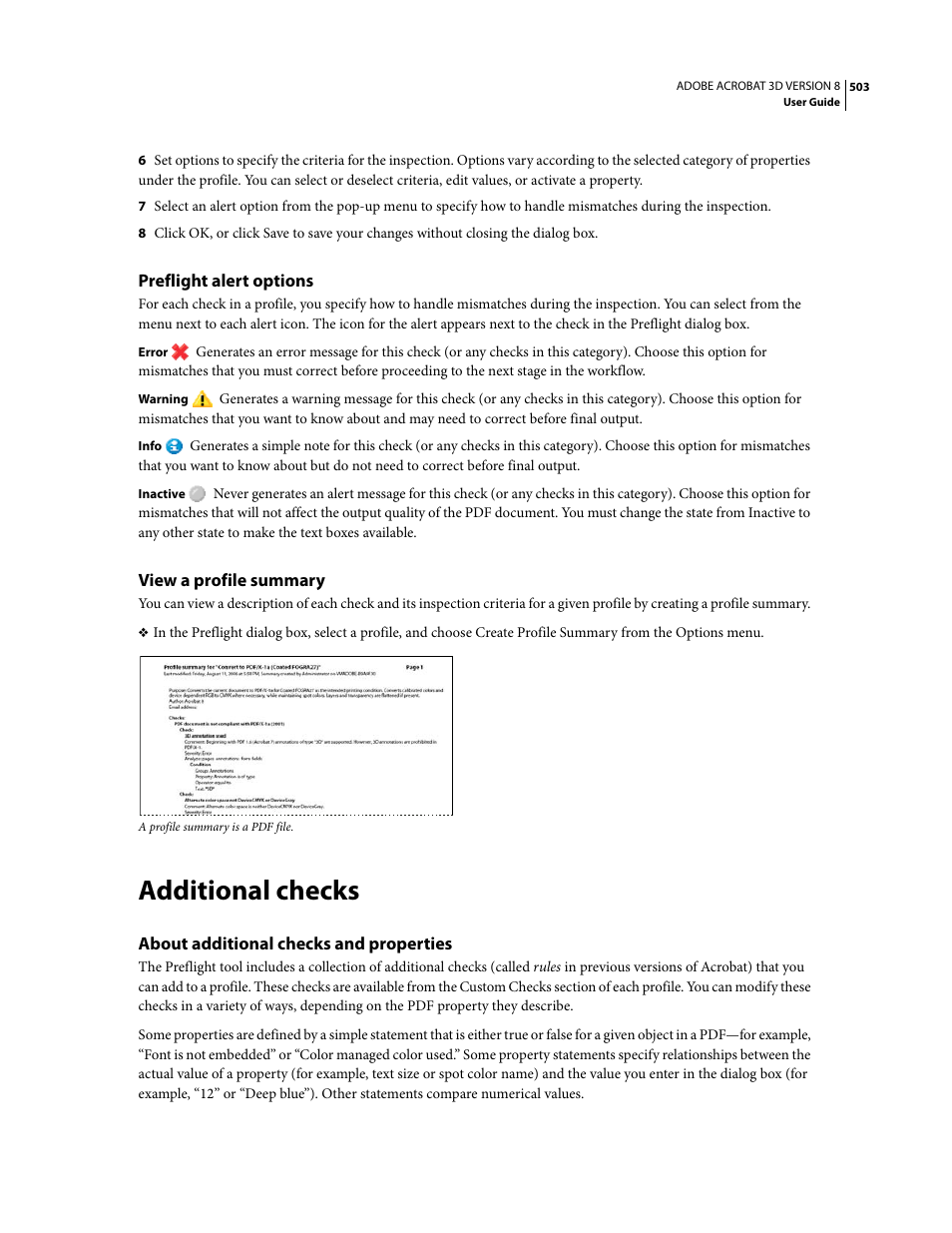 Preflight alert options, View a profile summary, Additional checks | About additional checks and properties | Adobe Acrobat 8 3D User Manual | Page 510 / 600