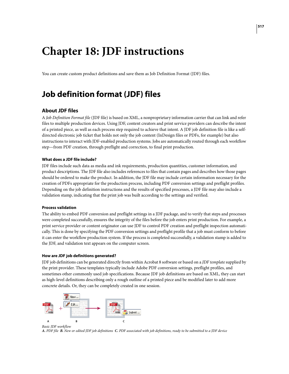 Chapter 18: jdf instructions, Job definition format (jdf) files, About jdf files | Adobe Acrobat 8 3D User Manual | Page 524 / 600