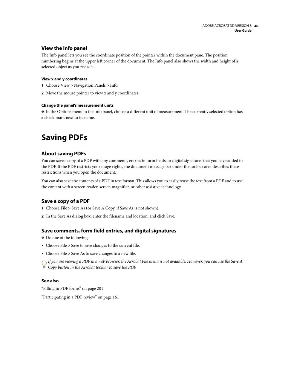 View the info panel, Saving pdfs, About saving pdfs | Save a copy of a pdf | Adobe Acrobat 8 3D User Manual | Page 53 / 600