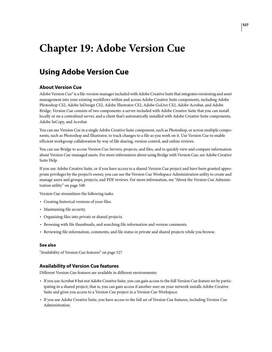 Chapter 19: adobe version cue, Using adobe version cue, About version cue | Availability of version cue features | Adobe Acrobat 8 3D User Manual | Page 534 / 600